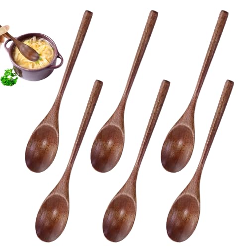 Holzlöffel Esslöffel,6 Stück im japanischen Stil Küchengerät langen Griff Nanmu Holz Suppenlöffel Set zum Essen Mischen Rühren Kochen von EASYKEENECOM