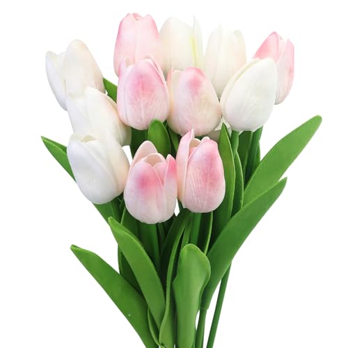 Künstliche Tulpen, 12 Stück Künstliche Blumen Fake Tulpen PU Real Touch Latex Rosa Tulpen Blume Arrangement für DIY Hochzeitssträußen Baby Shower Party Room Büro Heimdekoration (Weiß & Rosa) von EASYKEENECOM