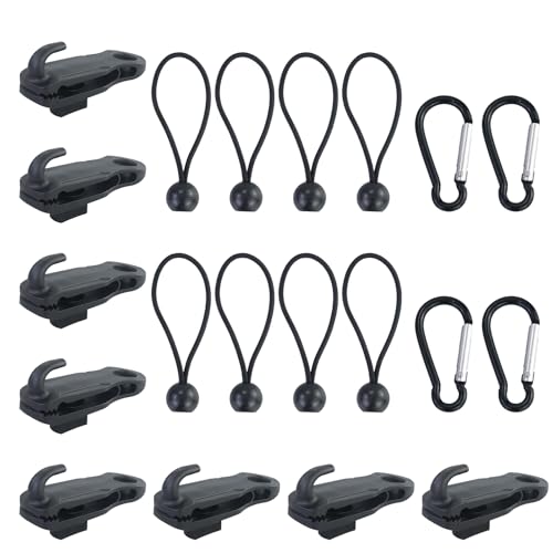 Planenspanner Clips 8 Stück Planenspanner mit Haken und 8 Stück Spanngummis mit Kugel, Haiförmige Planenclips Strapazierfähigen Set für Plane Zeltplane Tarp Camping Wohnmobil Zubehör (mit 4 Karabiner) von EASYKEENECOM