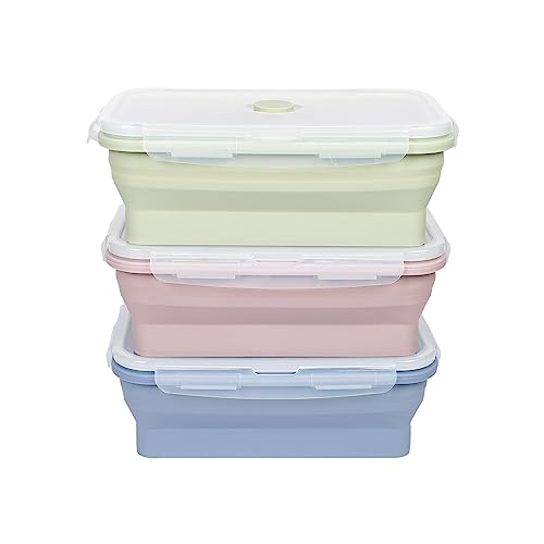 EASYLOCK 3 PACK 1200ML Frischhaltedosen mit Deckel, Meal Prep Boxen, Faltbare Brotdose, Mikrowellengeschirr Essen Aufschnittboxen für Kühlschrank, Faltbar Gefrierdosen Set（Grün, Rosa, Blau von EASYLOCK