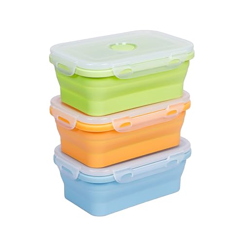 EASYLOCK 3PACK 540ML Frischhaltedosen mit Deckel, Meal Prep Boxen, Faltbare Brotdose, Aufschnittboxen für Kühlschrank, Gefrierdosen Faltbar (Orange, Grün, Blau) von EASYLOCK