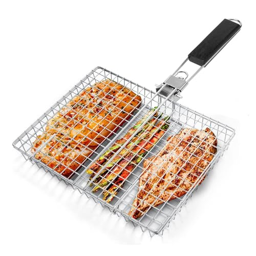 EASYLOCK Grillkorb Edelstahl mit Holzgriff Barbecue Grillschale aus Rostfreiem 32 * 22.5 * 4CM für Fisch, Fleisch, Gemüse von EASYLOCK
