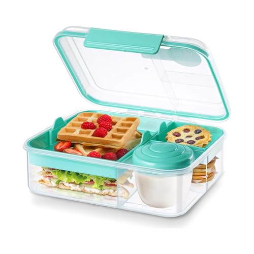 EASYLOCK Brotdose mit Fächern 1650ml Bento Box Lunchbox Erwachsene Rechteckig Brotzeitbox Salatbox to Go mit 150ml Saucendose Butterbrotdose Brotdose Auslaufsicher für Schule, Büro, Picknick (Grün) von EASYLOCK