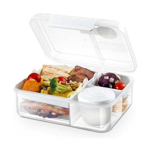 EASYLOCK Brotdose mit Fächern 1650ml Bento Box Lunchbox Erwachsene Rechteckig Brotzeitbox Salatbox to Go mit 150ml Saucendose Butterbrotdose Brotdose Auslaufsicher für Schule, Büro, Picknick (Weiß) von EASYLOCK