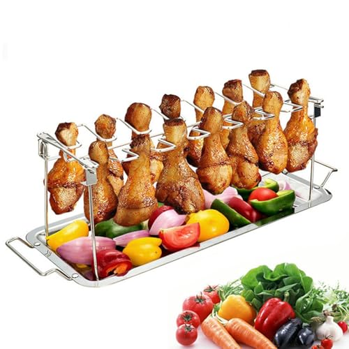 EASYLOCK Hähnchenschenkel Halter aus Edelstahl mit Auffangschale Hänchenschenkelhalter Grill für 14 Keulen, Hähnchen Grill Ständer & BBQ Rack, Grill Zubehör von EASYLOCK
