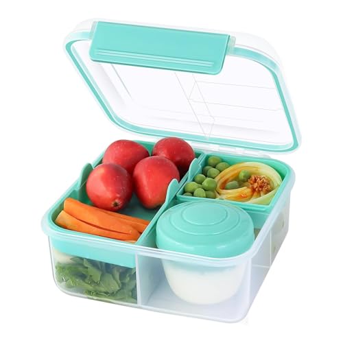 EASYLOCK Brotdose mit Fächern 1250ml Bento Box Lunchbox Erwachsene Quadratisch Brotzeitbox Salatbox to Go mit 150ml Saucendose Butterbrotdose Brotdose Auslaufsicher für Schule, Büro, Picknick (Grün) von EASYLOCK