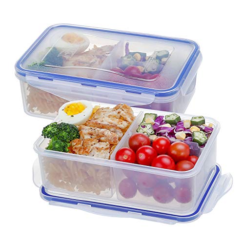 EASYLOCK 1150 ml Kunststoff-Lunchbox mit 3 Fächern, 2 Stück, Lebensmittelbehälter mit Deckel, wiederverwendbare Mahlzeiten-Vorbereitungsbehälter, mikrowellengeeignet, BPA-frei von EASYLOCK