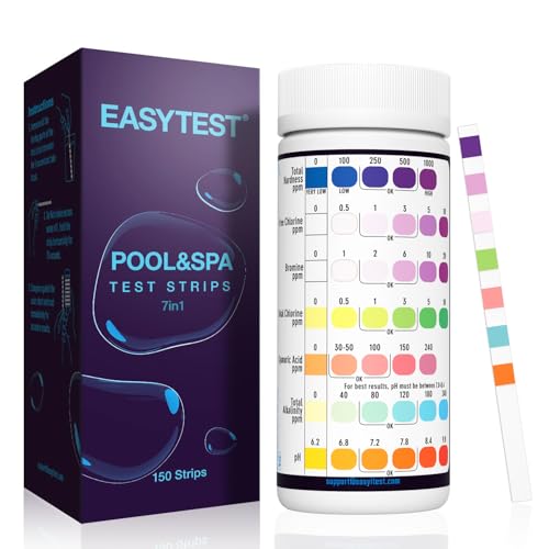 EASYTEST 7 IN 1 Pool Teststreifen für Pools und Spas - 150 - pH, Brom, Gesamtalkalinität, freies Chlor, Gesamthärte, Cyanursäure, Gesamtchlorprüfung mit schnellem und genauen Ergebnissen von EASYTEST