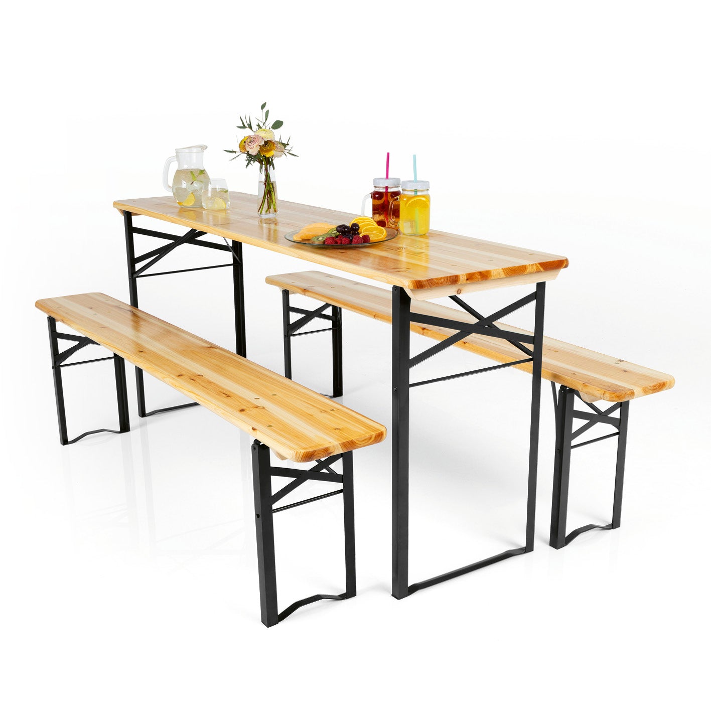 Bierzeltgarnitur Set (1 Tisch mit 2 Sitzbänken) - 170 cm - holzfarben/schwarz von EASYmaxx