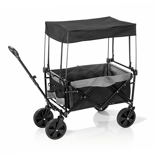 EASYmaxx Bollerwagen | Bis 80 kg Tragkraft | Faltbar | Modernes Design | Robuster Nylonbezug | 360°-Drehgelenke an den Vorderrädern | Mit Abdeckhaube [Anthrazit-schwarz] von EASYmaxx