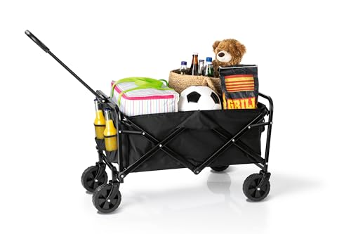 EASYmaxx Bollerwagen | Bis 80 kg Tragkraft | Faltbar | Modernes Design | Robuster Nylonbezug | 360°-Drehgelenke an den Vorderrädern | Mit praktischem Griff [Schwarz] von EASYmaxx
