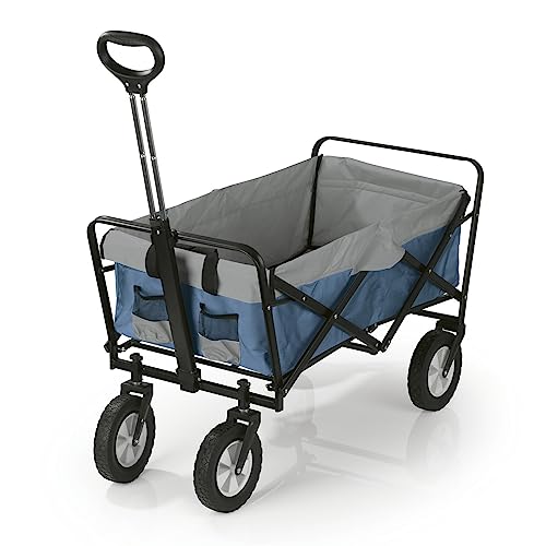 EASYmaxx Bollerwagen | Handwagen | Transportkarre | bis 80 kg Tragkraft | Faltbar | Modernes Design | Robuster Nylonbezug | 360°-Drehgelenke an den Vorderrädern | Mit Abdeckhaube [Blau-Grau] von EASYmaxx