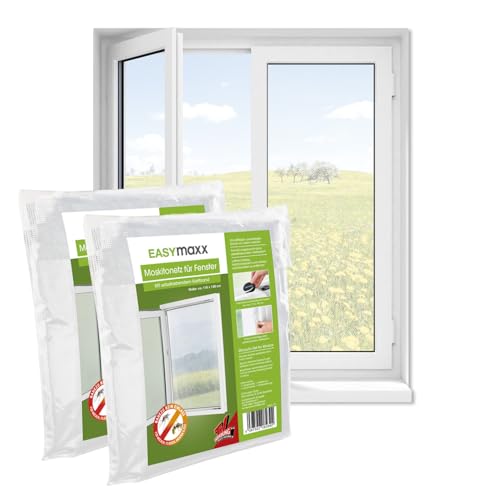 EASYmaxx Fliegengitter Fenster | Moskitonetz, Montage ohne Bohren | zuschneidbarer Insektenschutz Fenster bis 110 x 130 cm | Mückenschutz | Fliegennetz Klettband selbstklebend [2 Stück] von EASYmaxx