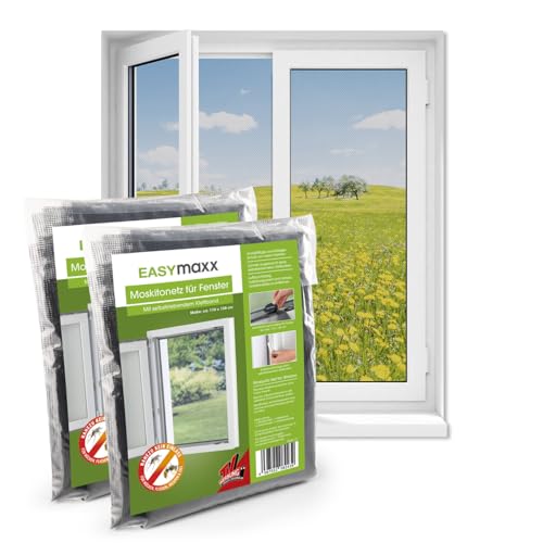 EASYmaxx Fliegengitter Fenster | Moskitonetz, Montage ohne Bohren | zuschneidbarer Insektenschutz Fenster bis 110 x 130 cm | Mückenschutz | Fliegennetz Klettband selbstklebend [2 Stück] von EASYmaxx