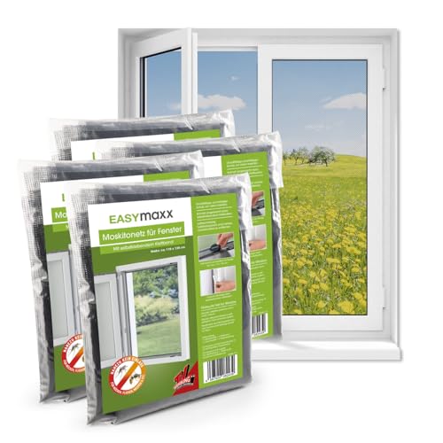 EASYmaxx Fliegengitter Fenster | Moskitonetz, Montage ohne Bohren | zuschneidbarer Insektenschutz Fenster bis 110 x 130 cm | Mückenschutz | Fliegennetz Klettband selbstklebend [4 Stück] von EASYmaxx