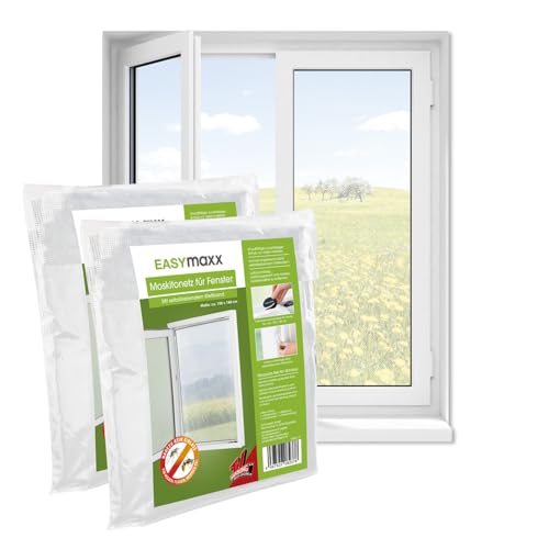 EASYmaxx Fliegengitter Fenster | Moskitonetz, Montage ohne Bohren | zuschneidbarer Insektenschutz Fenster bis 150 x 180 cm | Mückenschutz | Fliegennetz Klettband selbstklebend [2 Stück] von EASYmaxx