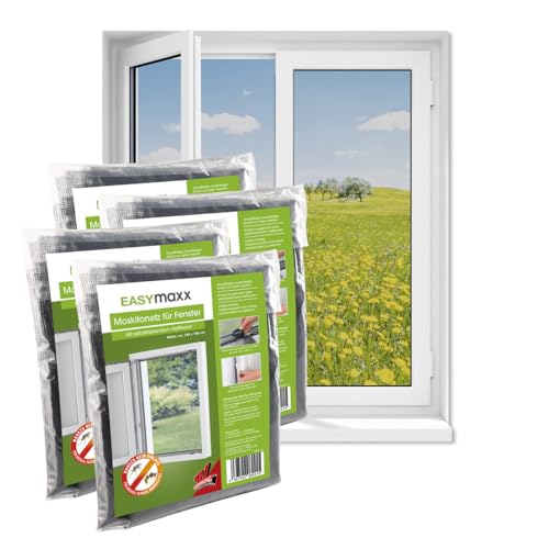 EASYmaxx Fliegengitter Fenster | Moskitonetz, Montage ohne Bohren | zuschneidbarer Insektenschutz Fenster bis 150 x 180 cm | Mückenschutz | Fliegennetz Klettband selbstklebend [4 Stück] von EASYmaxx