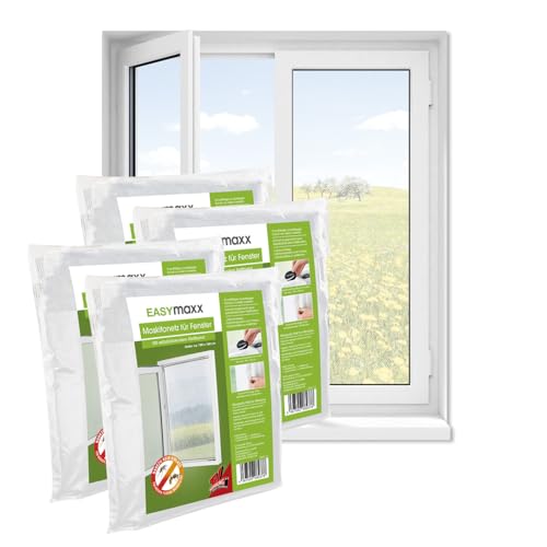 EASYmaxx Fliegengitter Fenster | Moskitonetz, Montage ohne Bohren | zuschneidbarer Insektenschutz Fenster bis 150 x 180 cm | Mückenschutz | Fliegennetz Klettband selbstklebend [4 Stück] von EASYmaxx