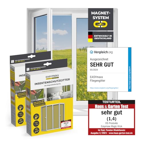 EASYmaxx Fliegengitter für Fenster mit Magic Click | Moskitonetz individuell zuschneidbar für alle Fenster bis 150 x 130 cm | Einfache Montage mit 12 Magneten - kein Bohren oder Schrauben [2 Stück] von EASYmaxx