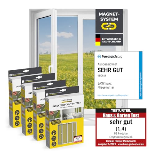 EASYmaxx Fliegengitter für Fenster mit Magic Click | Moskitonetz individuell zuschneidbar für alle Fenster bis 150 x 130 cm | Einfache Montage mit 12 Magneten - kein Bohren oder Schrauben [4 Stück] von EASYmaxx