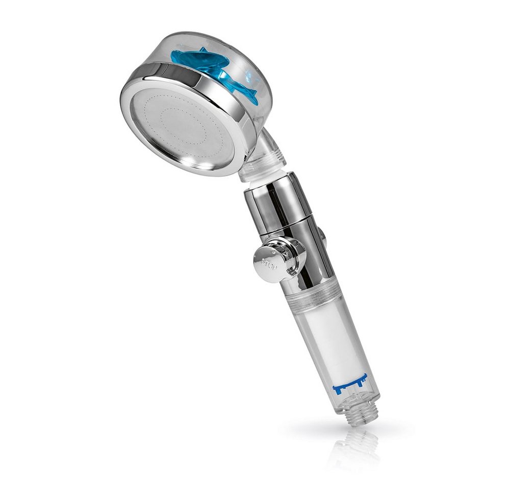 EASYmaxx Handbrause Duschkopf mit Stopp-& Druckregler transparent/silber/blau inkl. Filter, 360°-Kugelgelenk Wasser sparen Wasserdruck einstellen schnell montiert von EASYmaxx