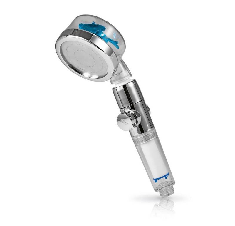 EASYmaxx Handbrause Duschkopf mit Stopp-& Druckregler transparent/silber/blau inkl. Filter, 360°-Kugelgelenk Wasser sparen Wasserdruck einstellen schnell montiert von EASYmaxx