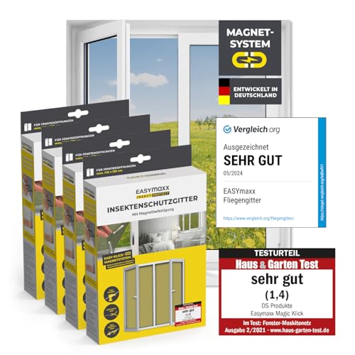 EASYmaxx Insect Protect Fliegengitter Fenster mit Magnetbefestigung | zuschneidbares Moskitonetz | Insektenschutz Fenster bis 110 x 130 cm | Mückenschutz Magnet - leichte Montage [4 Stück] von EASYmaxx