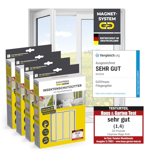 EASYmaxx Insect Protect Fliegengitter Fenster mit Magnetbefestigung | zuschneidbares Moskitonetz | Insektenschutz Fenster bis 150 x 180 cm | Mückenschutz Fliegennetz Magnet - leichte Montage [4 Stück] von EASYmaxx