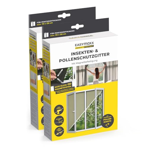 EASYmaxx Insect Protect Fliegengitter Fenster | zuschneidbares Moskitonetz | Insektenschutz Fenster bis 110 x 130 cm | Fliegennetz Magnet mit Pollenschutzgitter - leichte Montage ohne Bohren [2 Stück] von EASYmaxx