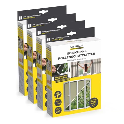 EASYmaxx Insect Protect Fliegengitter Fenster | zuschneidbares Moskitonetz | Insektenschutz Fenster bis 110 x 130 cm | Fliegennetz Magnet mit Pollenschutzgitter - leichte Montage ohne Bohren [4 Stück] von EASYmaxx