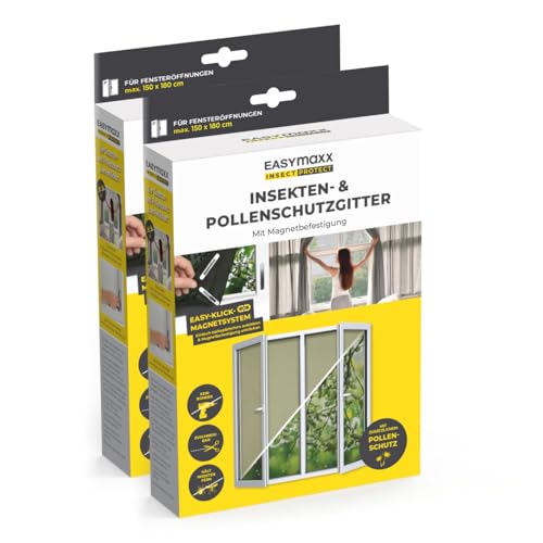 EASYmaxx Insect Protect Fliegengitter Fenster | zuschneidbares Moskitonetz | Insektenschutz Fenster bis 150 x 180 cm | Fliegennetz Magnet mit Pollenschutzgitter - leichte Montage ohne Bohren [2 Stück] von EASYmaxx