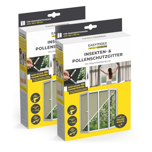 EASYmaxx Insect Protect Insekten- & Pollenschutzgitter 130 x 150 cm | Fliegengitter Fenster mit Magnetbefestigung | Einfache Montage mit 12 Magneten - kein Bohren oder Schrauben [2 Stück] von EASYmaxx