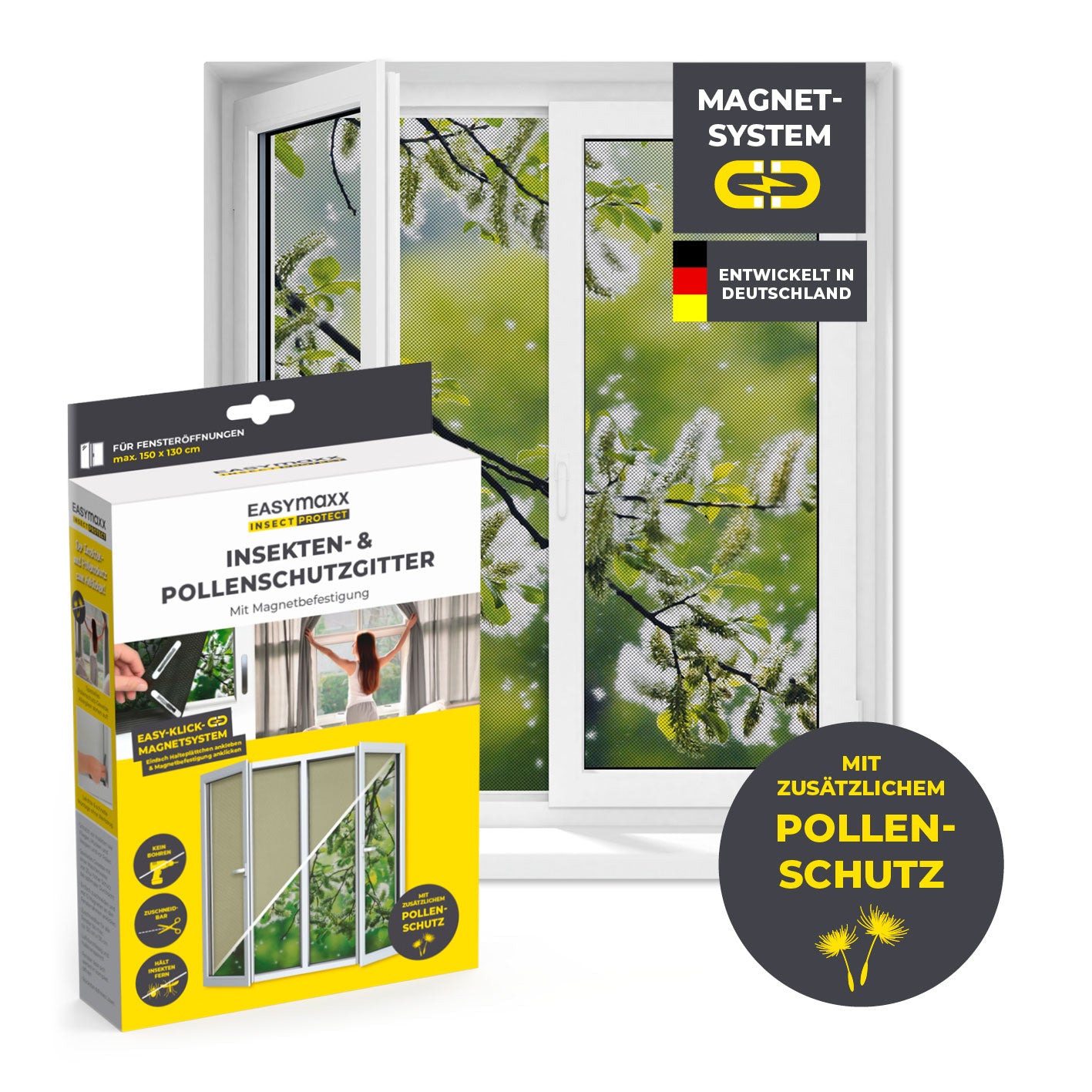 Insekten- & Pollenschutzgitter  mit Magnetbefestigung für Fenster bis zu 130 x 150 cm von EASYmaxx