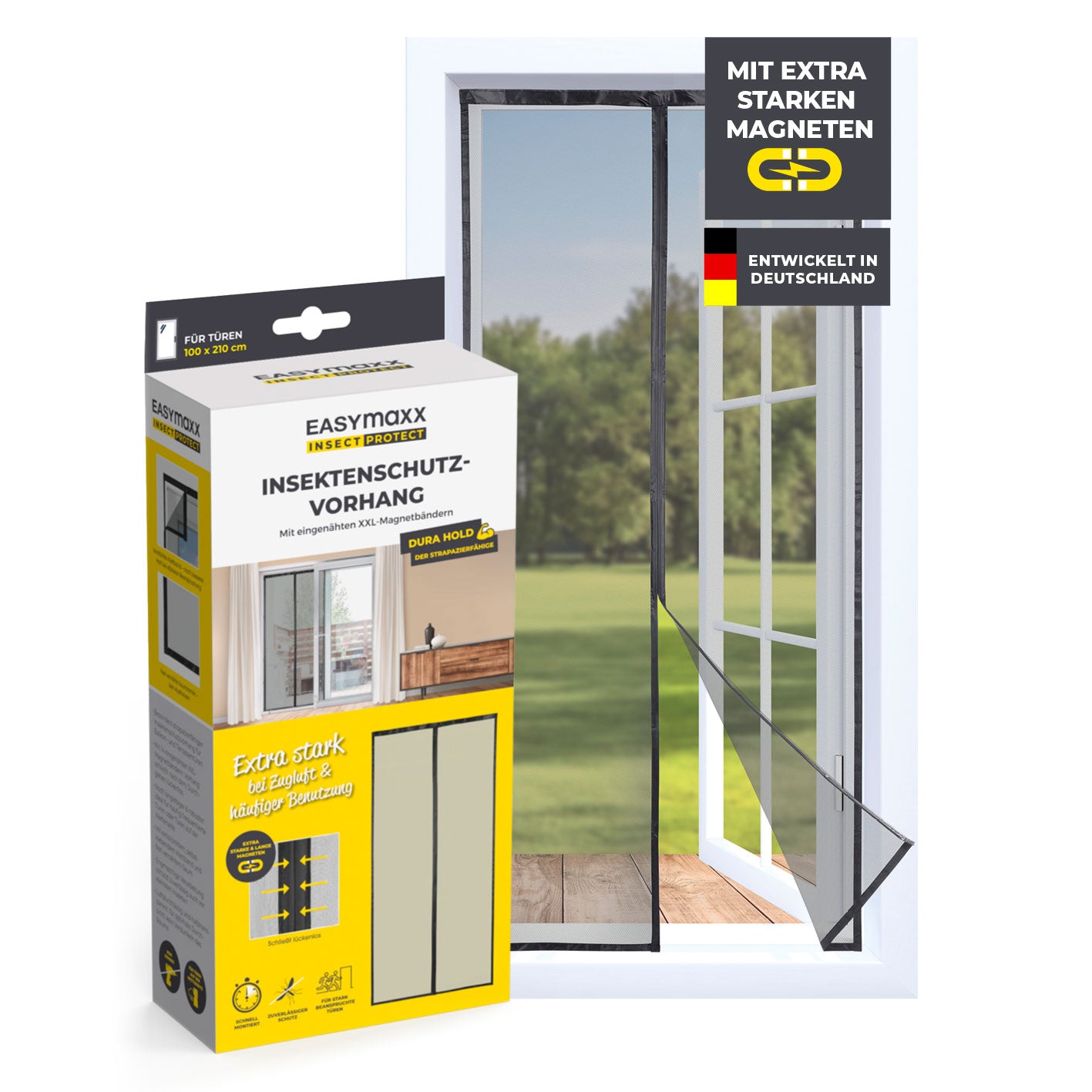Insektenschutzvorhang mit eingenähten XXL-Magnetbändern - 100 x 210 cm - Schwarz von EASYmaxx