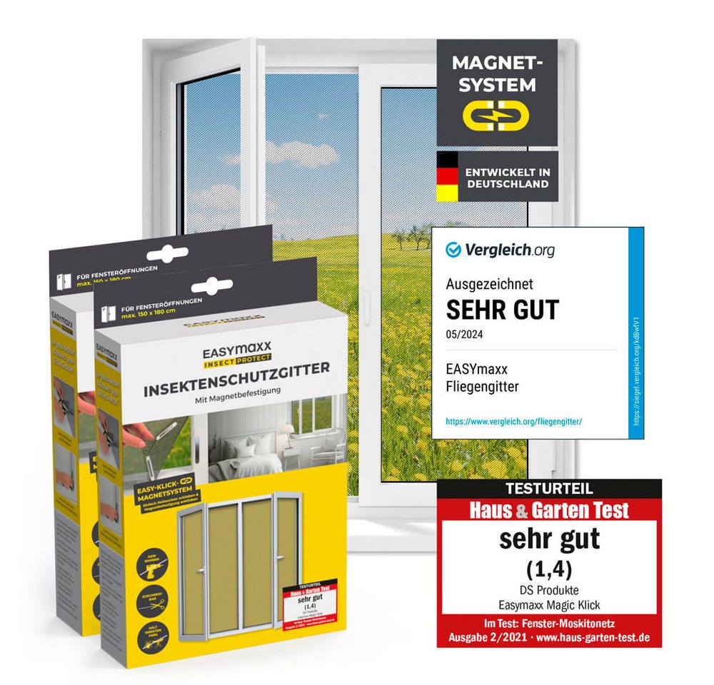 EASYmaxx Insektenschutz-Fensterrahmen Fliegengitter Fenster mit Magnetbefestigung 150 x 180 cm,  2er Set, (2-St), zuschneidbares Moskitonetz, Insektenschutz Fenster Mückenschutz von EASYmaxx