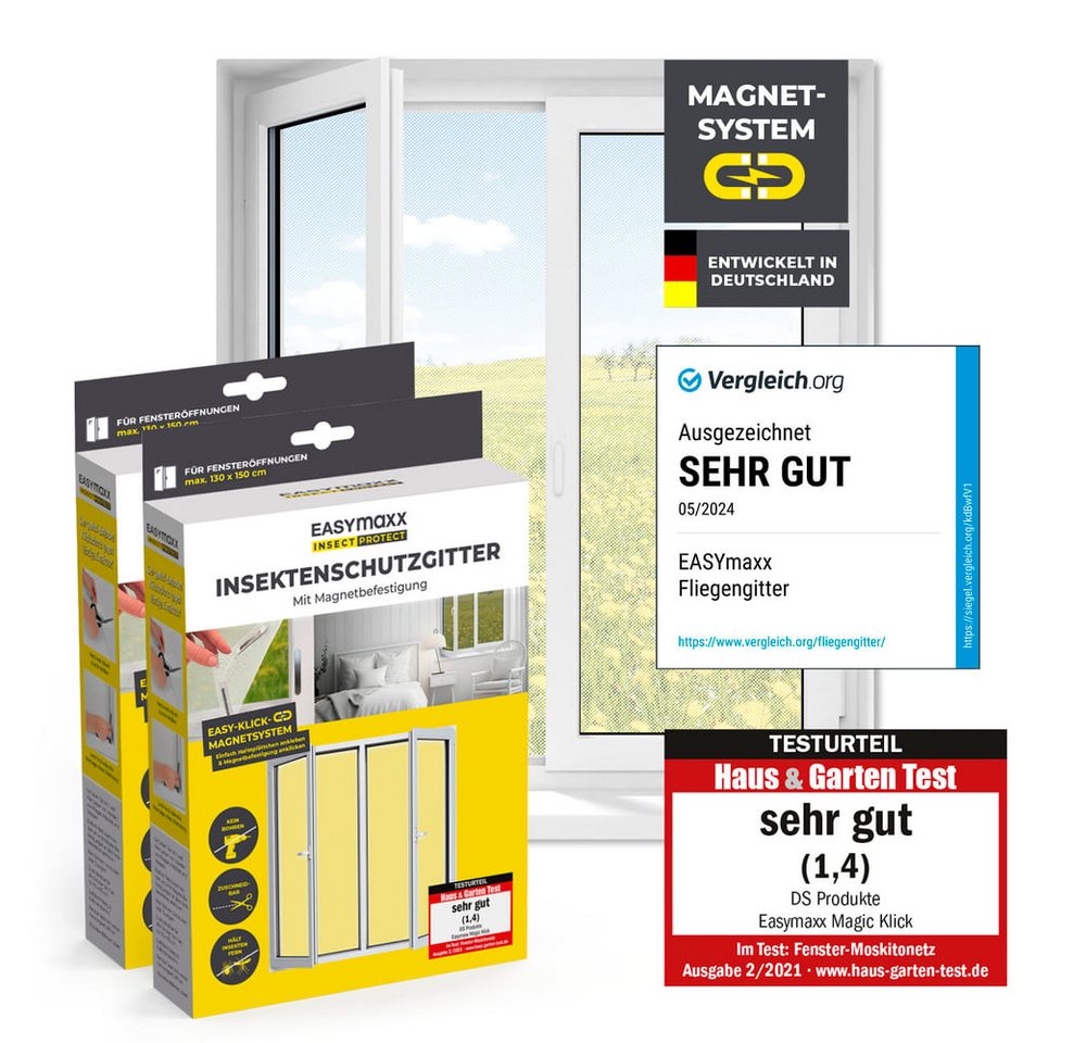 EASYmaxx Insektenschutz-Fensterrahmen Fliegengitter Fenster mit Magnetbefestigung 150 x 180 cm,  2er Set, (2-St), zuschneidbares Moskitonetz, Insektenschutz Fenster Mückenschutz von EASYmaxx