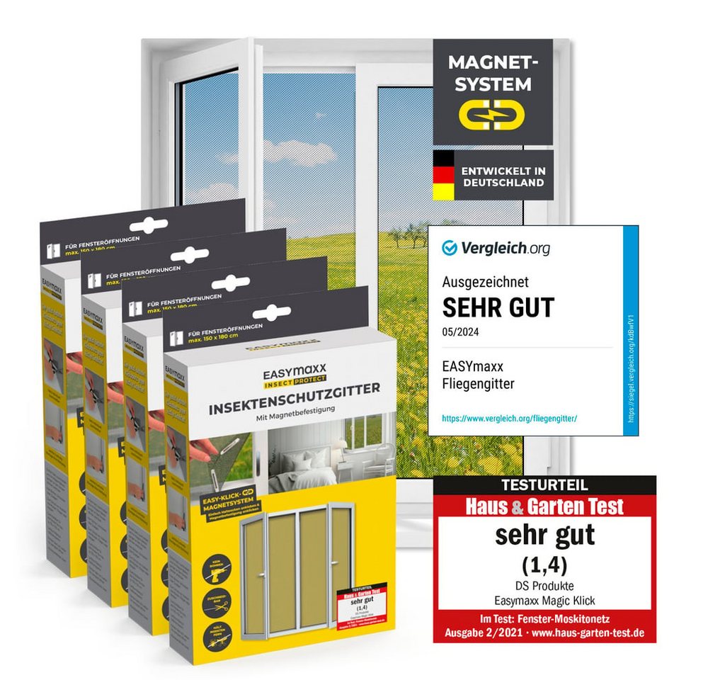 EASYmaxx Insektenschutz-Fensterrahmen Fliegengitter Fenster mit Magnetbefestigung 150 x 180 cm,  4er Set, (4-St), zuschneidbares Moskitonetz, Insektenschutz Fenster Mückenschutz von EASYmaxx