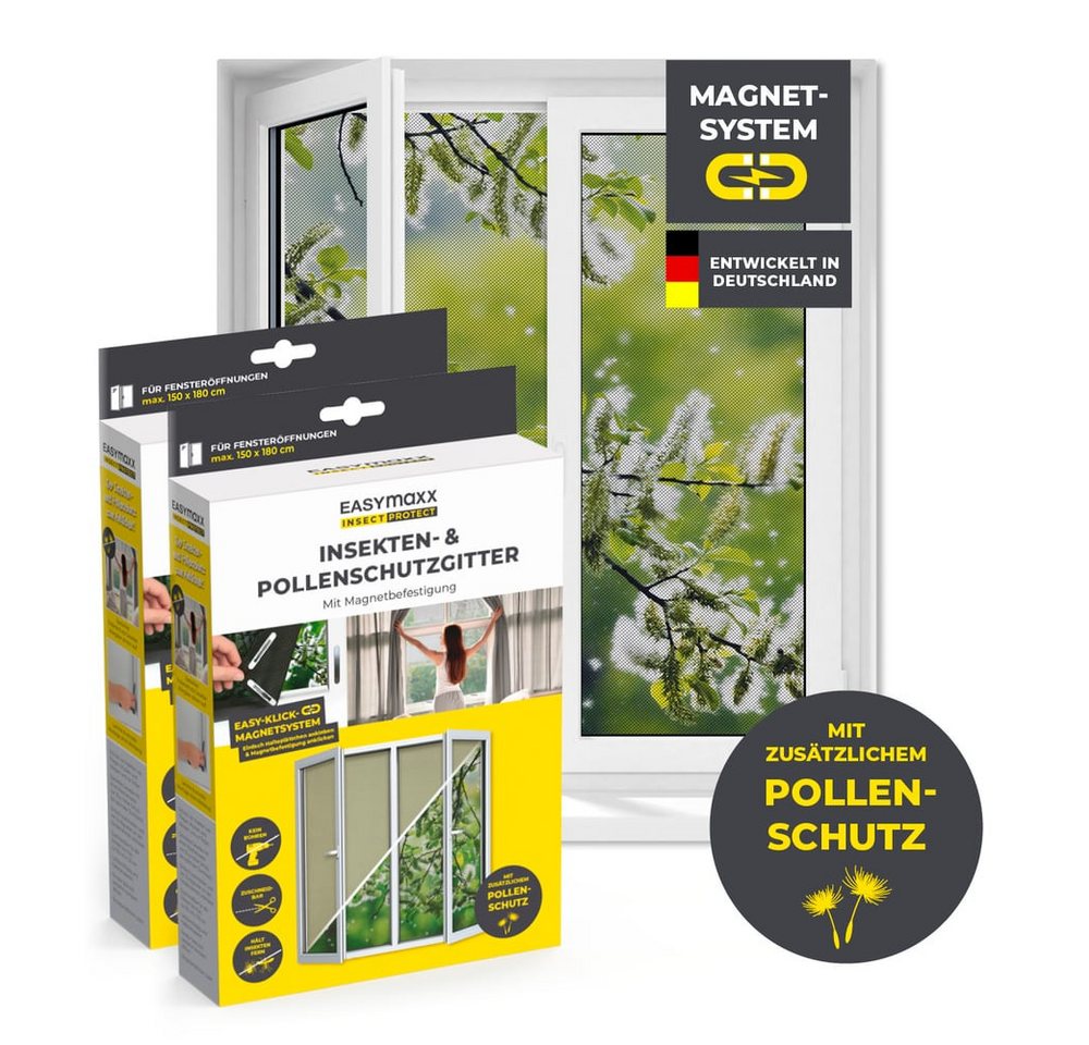 EASYmaxx Insektenschutz-Fensterrahmen Fliegengitter mit Pollenschutz 150 x 180 cm, 2er Set, (2-St), Insektenschutz Fenster, Fliegennetz, leichte Montage ohne Bohren von EASYmaxx