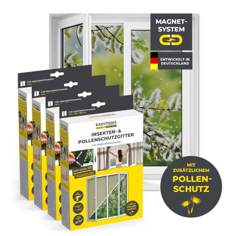 EASYmaxx Insektenschutz-Fensterrahmen Fliegengitter mit Pollenschutz 150 x 180 cm, 4er Set, (4-St) von EASYmaxx