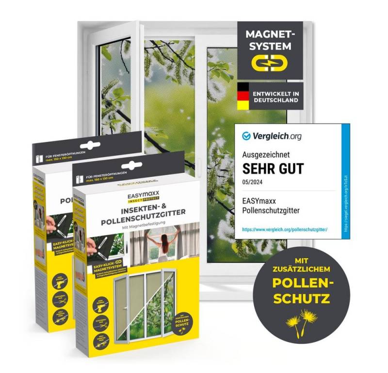 EASYmaxx Insektenschutz-Fensterrahmen Insect Protect Insekten- & Pollenschutzgitter 150 x 130 cm, (2-St), Moskitonetz zuschneidbar, Einfache Montage mit 12 Magneten von EASYmaxx