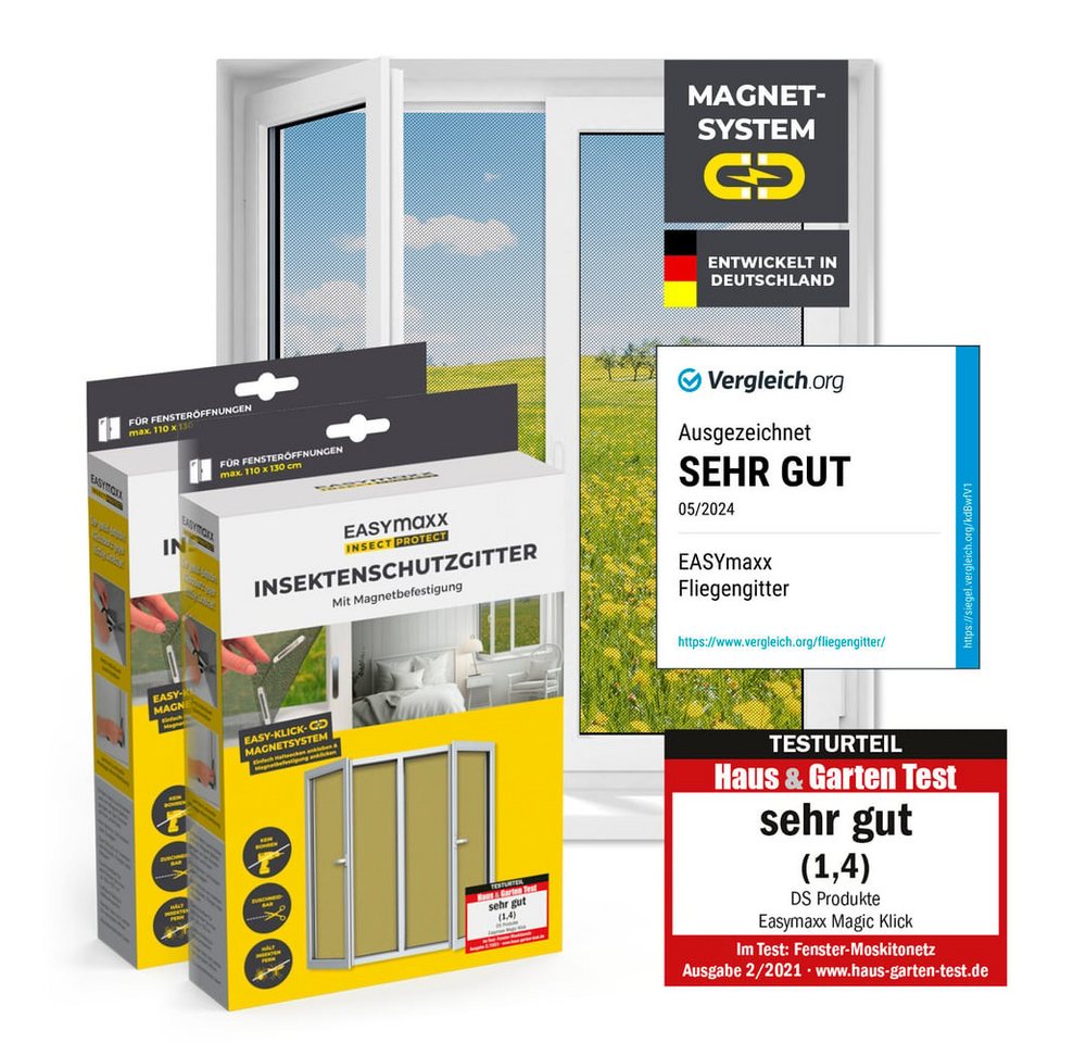 EASYmaxx Insektenschutz-Fensterrahmen Insektenschutzgitter 110 x 130 cm mit Magnetbefestigung,  2er Set, (2-St), Schutz gegen Mücken, Fliegen, Wespen etc. magnetisch leicht anbringbar von EASYmaxx