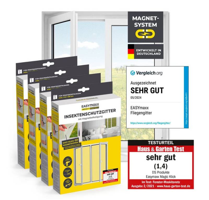 EASYmaxx Insektenschutz-Fensterrahmen Insektenschutzgitter 110 x 130 cm mit Magnetbefestigung,  4er Set, (4-St), Schutz gegen Mücken, Fliegen, Wespen etc. magnetisch leicht anbringbar von EASYmaxx