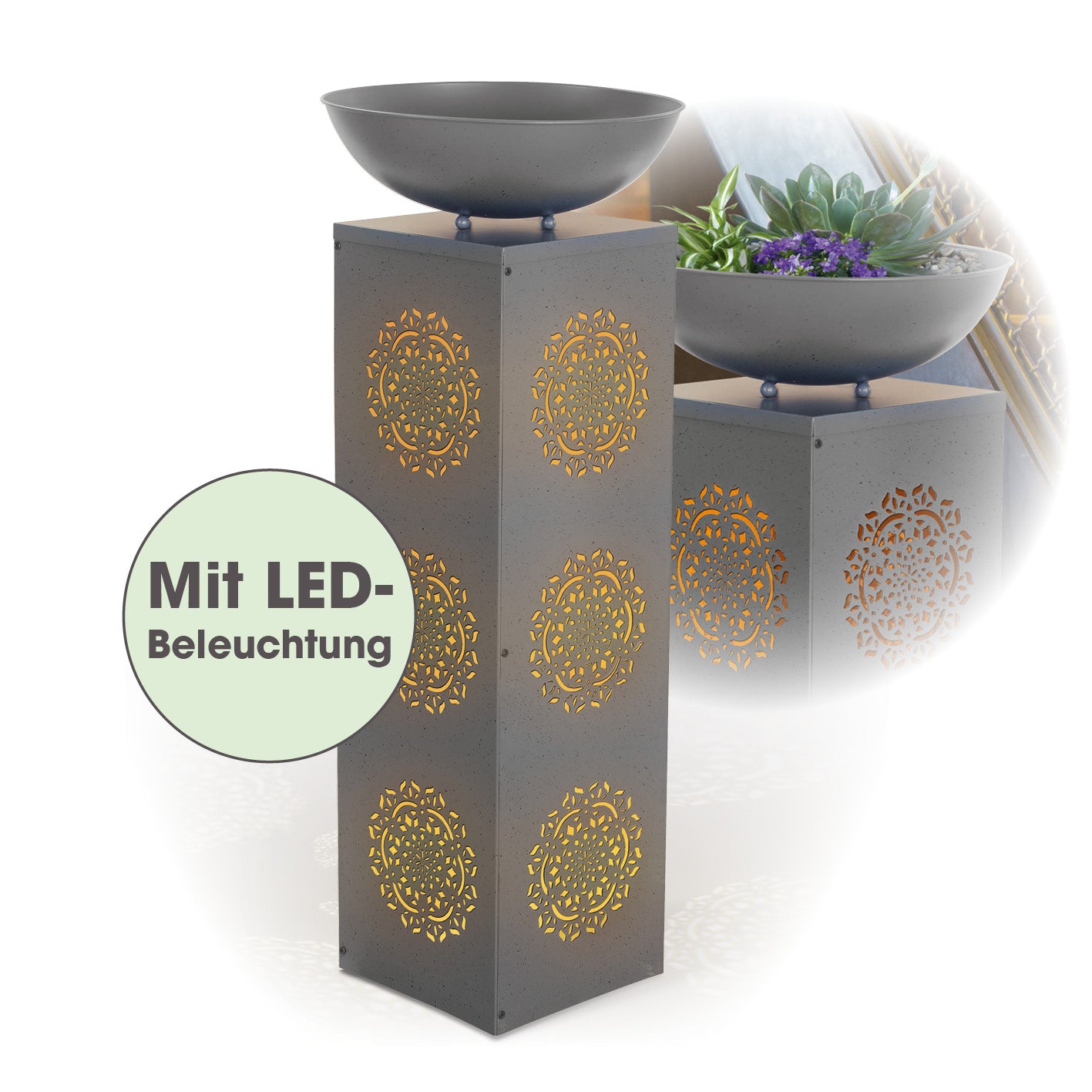 EASYmaxx LED-Dekosäule Beton-Optik mit Pflanzschale Mandala - 87 cm - Grau von EASYmaxx