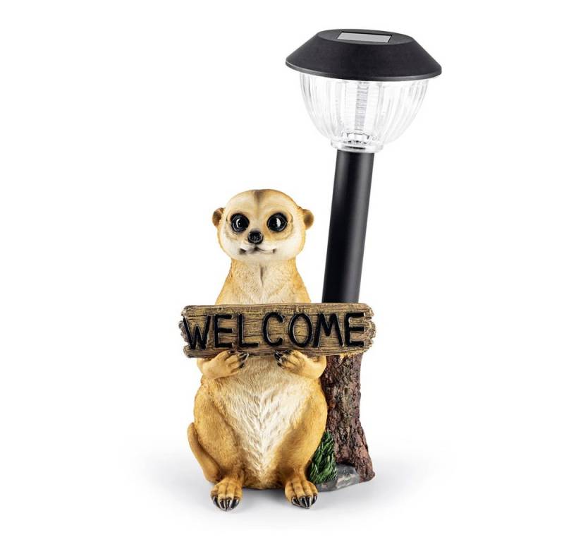 EASYmaxx LED Solarleuchte Erdmännchen mit Laterne & Welcome-Schild -, Kabellos mit automatischem Tageslichtsensor von EASYmaxx