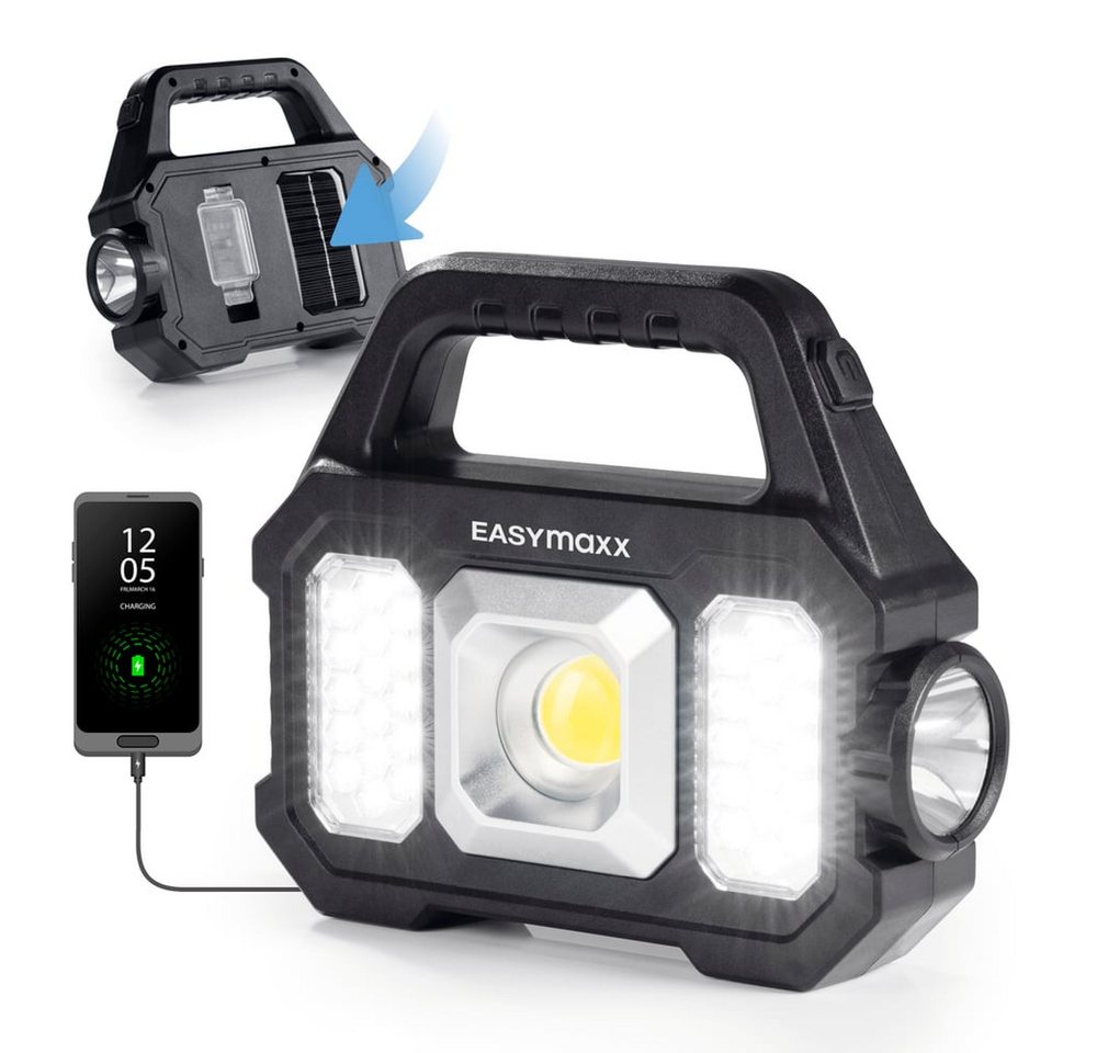 EASYmaxx LED Taschenlampe Solar-Arbeitsleuchte 3 in 1: COB-Strahler, dimmbares Seitenlicht, Aufladen durch Solarpanel oder per USB-Anschluss von EASYmaxx