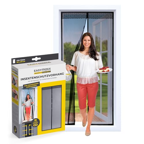 EASYmaxx Moskitonetz für Türen"Magic Klick" | Mit praktischem Magnetverschluss. Schließt von alleine | Zuschneidbar für alle Türen bis 90 x 210 cm | Einfache Montage ohne Bohren & Schrauben [schwarz] von EASYmaxx