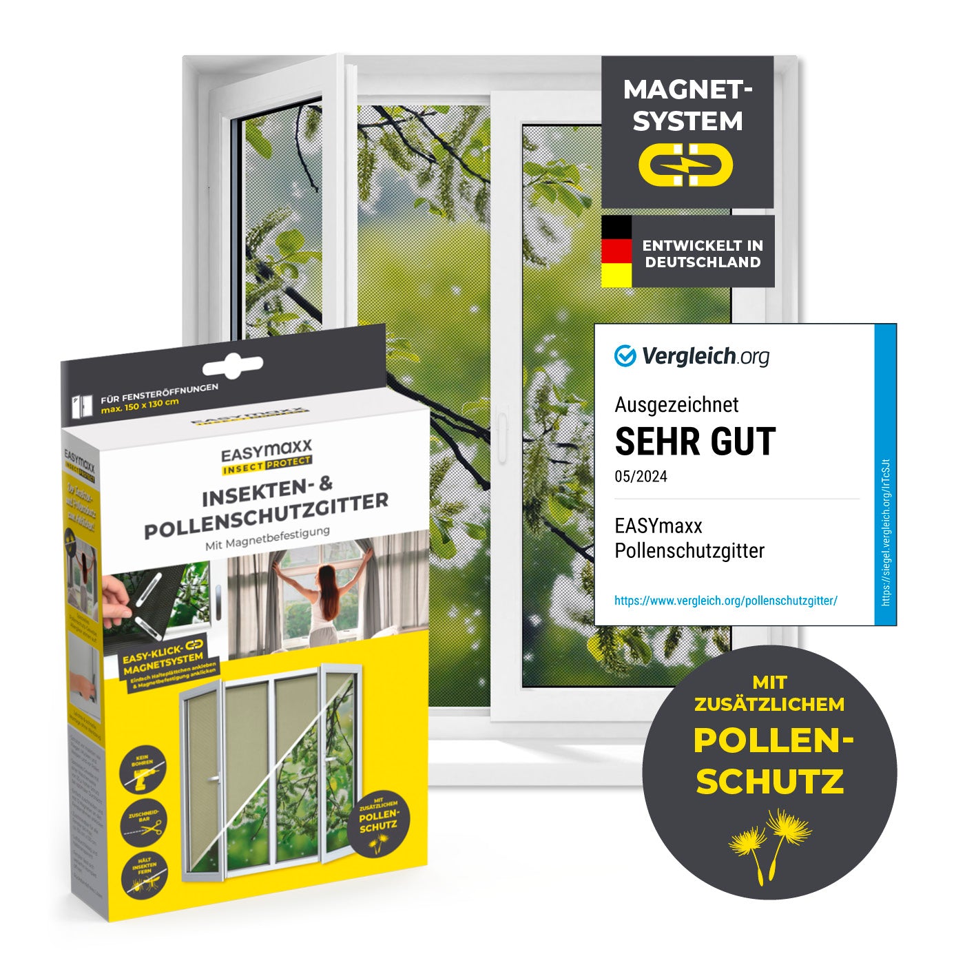 Insekten- & Pollenschutzgitter mit Magnetbefestigung für Fenster bis zu 130 x 150 cm von EASYmaxx