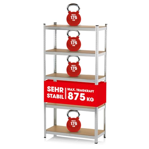 EASYmaxx Schwerlastregal 180x90x40 cm | 875 kg Traglast, 175 kg pro Ebene | Regal und Werkbank | Kellerregal, Lagerregal mit 5 verstellbaren Ablagen | Für Keller, Garage, Hobbyraum, Werkstatt von EASYmaxx