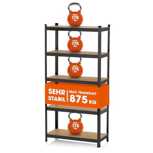 EASYmaxx Schwerlastregal 180x90x40 cm | 875 kg Traglast, 175 kg pro Ebene | Regal und Werkbank | Kellerregal, Lagerregal mit 5 verstellbaren Ablagen | Keller, Garage, Hobbyraum, Werkstatt, schwarz von EASYmaxx