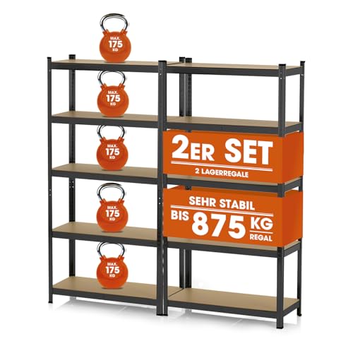 EASYmaxx Schwerlastregal 2er-Set 180x90x40 cm | 1750 kg Traglast, 175 kg pro Ebene | Regal und Werkbank | Kellerregal, Lagerregal mit 10 verstellbaren Ablagen | Keller, Garage, Werkstatt, schwarz von EASYmaxx